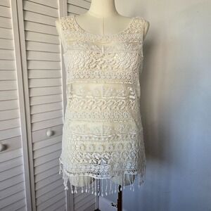DEPT 222 Crochet Lace Fringe Tunic Top Size L Festival Beach Summer Boho Hippie